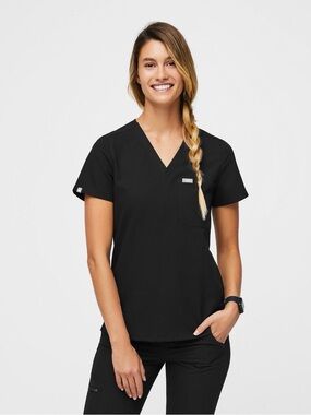 FIGS Technical Collection Black Scrub Top Women’s Large V-Neck Stretch